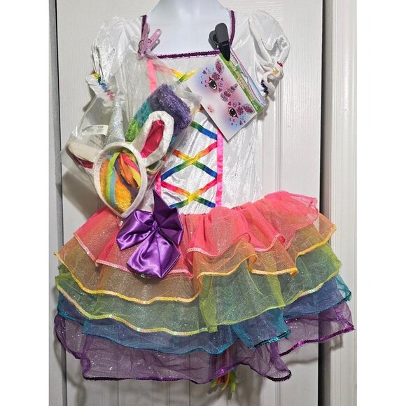 Rainbow Unicorn Costume Tail Dress Fairy Princess Face Art Halloween Girls LG - Picture 1 of 7